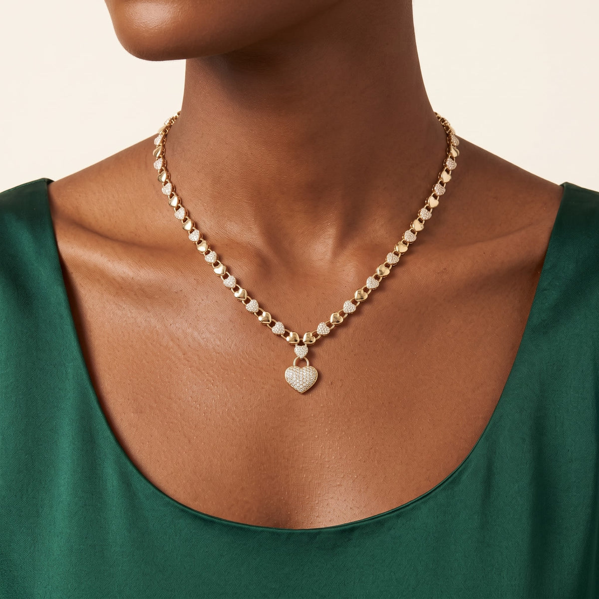 Macdanny Gold Heart Pendant Link Necklace ME0021 worn on model