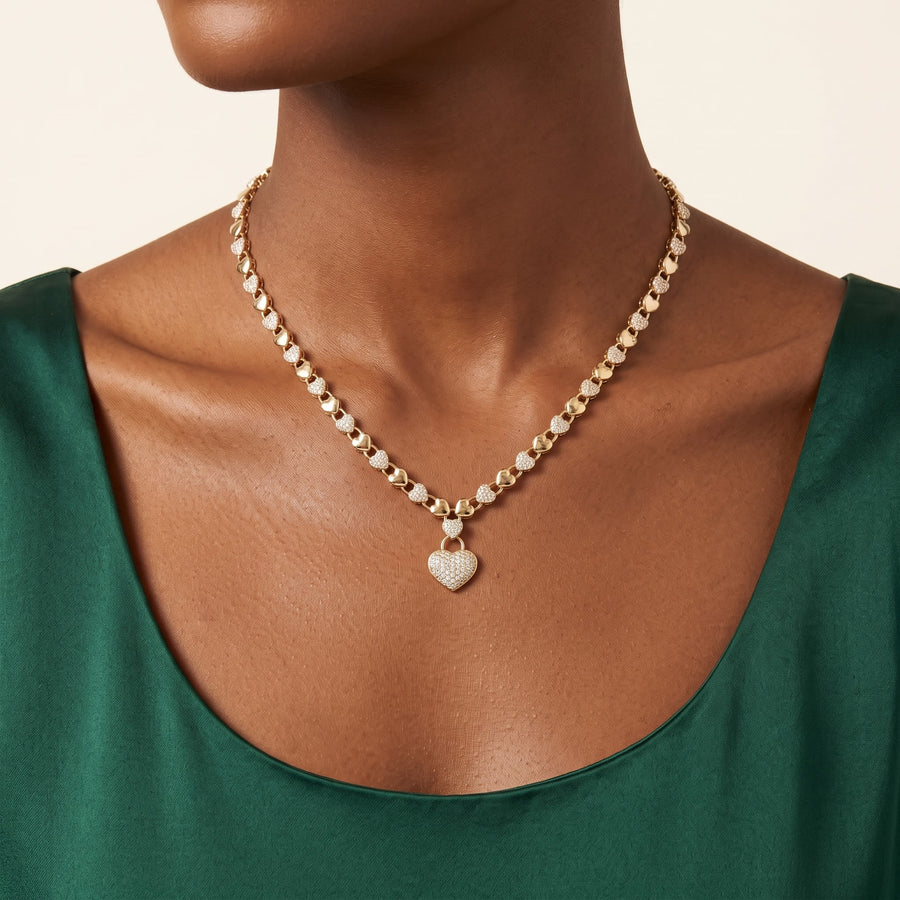Macdanny Gold Heart Pendant Link Necklace ME0021 worn on model
