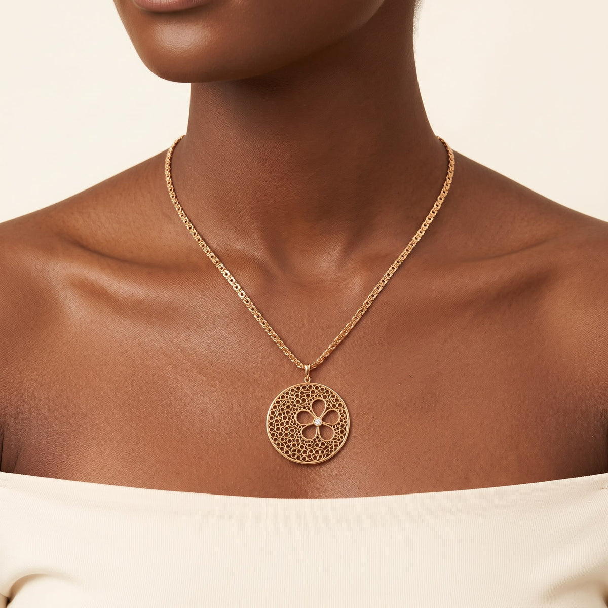 Macdanny Gold Flower Medallion Necklace ME0025 worn on model