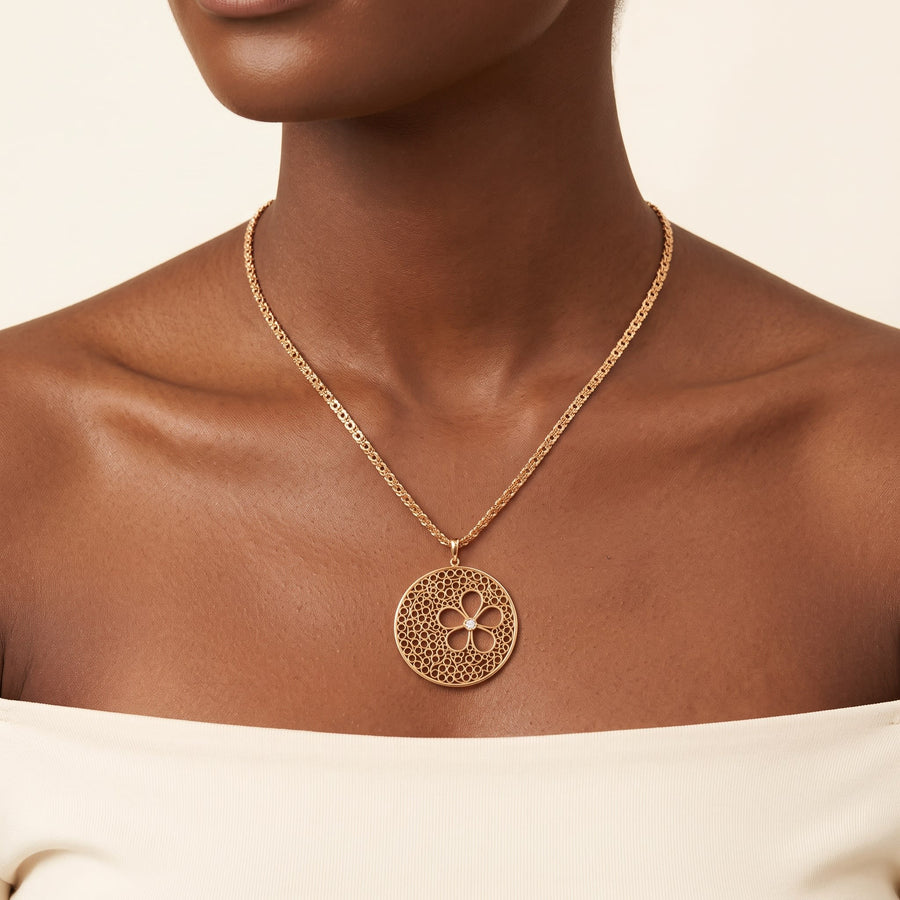 Macdanny Gold Flower Medallion Necklace ME0025 worn on model