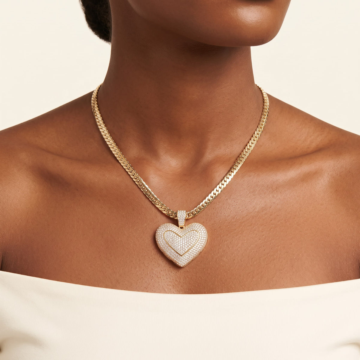 Macdanny Gold Herringbone Chain Pavé Heart Necklace ME0026 worn on model